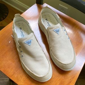 Men’s Columbia Boat Shoes, PFG gear, size 12, beige or sand color.